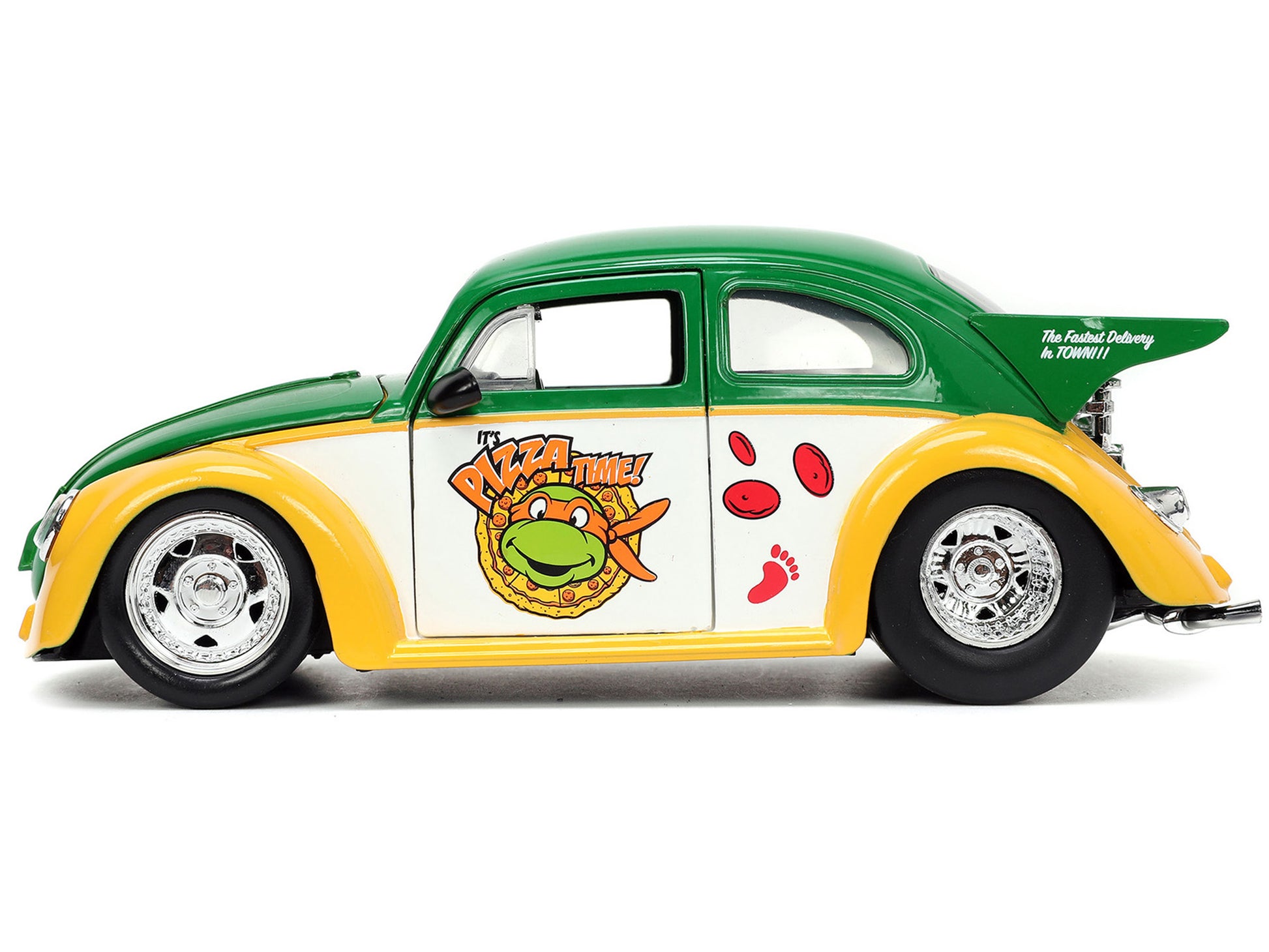 1959 Volkswagen Drag Beetle Green and Yellow and Michelangelo Diecast Figure "Teenage Mutant Ninja Turtles" "Hollywood Rides" Series 1/24 Diecast Model Car by Jada-DiecastModeler.com