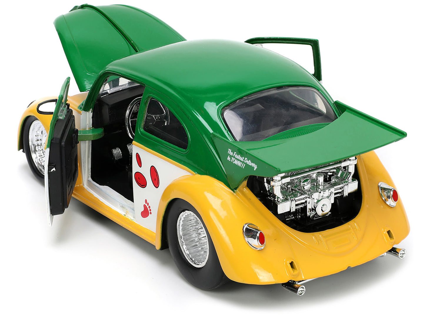 1959 Volkswagen Drag Beetle Green and Yellow and Michelangelo Diecast Figure "Teenage Mutant Ninja Turtles" "Hollywood Rides" Series 1/24 Diecast Model Car by Jada-DiecastModeler.com