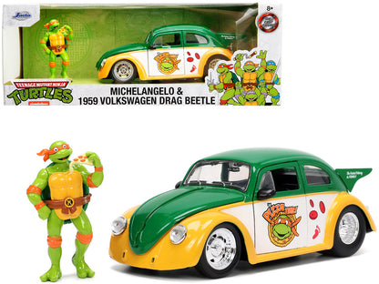 1959 Volkswagen Drag Beetle Green and Yellow and Michelangelo Diecast Figure "Teenage Mutant Ninja Turtles" "Hollywood Rides" Series 1/24 Diecast Model Car by Jada-DiecastModeler.com