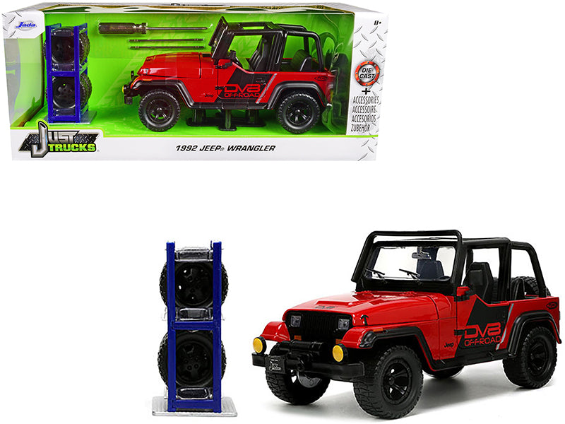 1992 Jeep Wrangler DV8 Off-Road Red with Matt Black Stripes with Extra Wheels "Just Trucks" Series 1/24 Diecast Model Car by Jada-DiecastModeler.com
