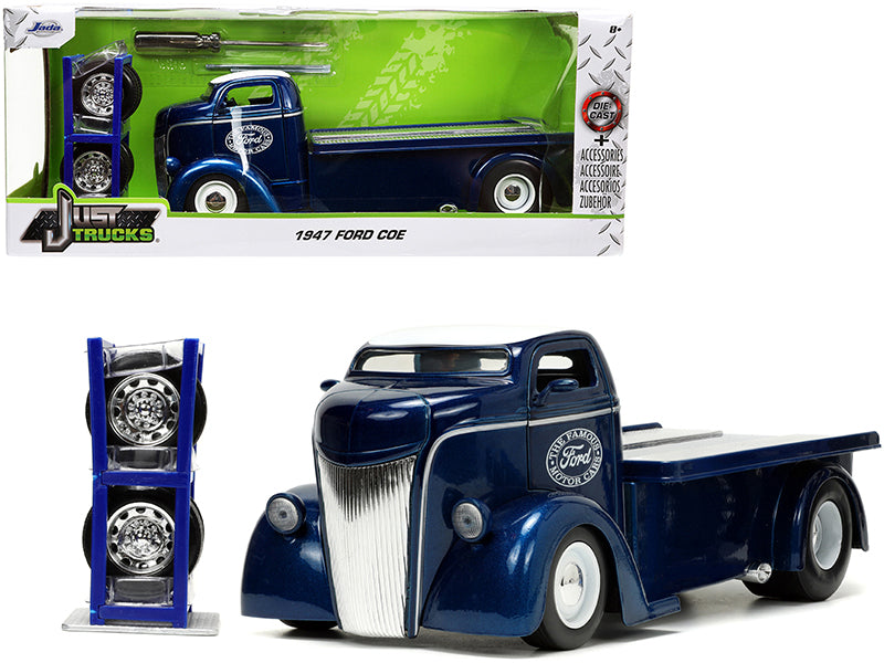 1947 Ford COE Flatbed Truck Dark Blue Metallic with White Top "The Famous Motor Cars" with Extra Wheels "Just Trucks" Series 1/24 Diecast Model by Jada-DiecastModeler.com