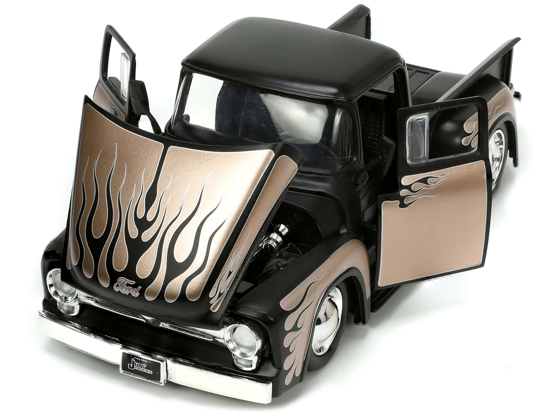 1956 Ford F-100 Pickup Truck Matt Black and Champagne with Flames with Extra Wheels "Just Trucks" Series 1/24 Diecast Model Car by Jada-DiecastModeler.com