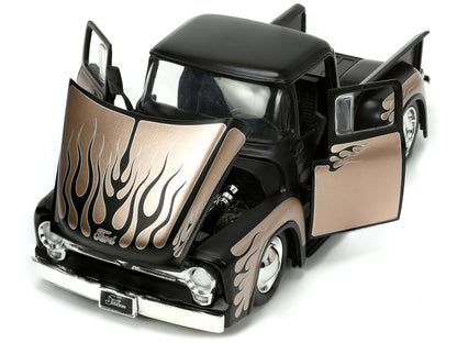 1956 Ford F-100 Pickup Truck Matt Black and Champagne with Flames with Extra Wheels "Just Trucks" Series 1/24 Diecast Model Car by Jada-DiecastModeler.com