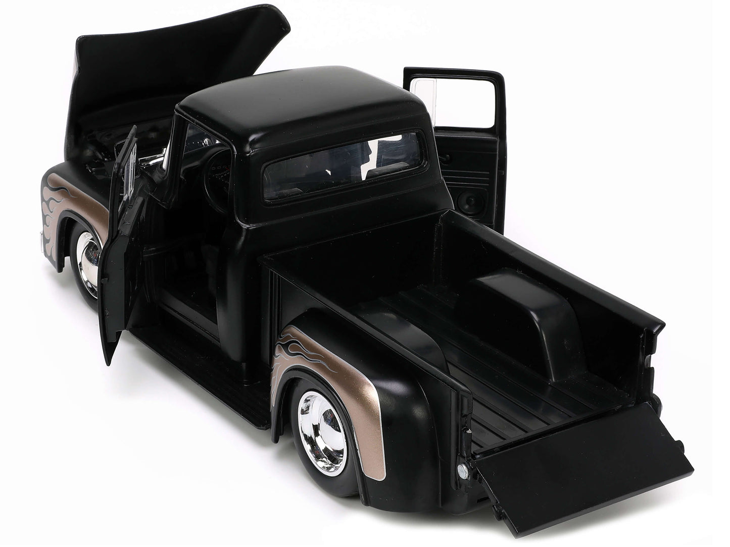 1956 Ford F-100 Pickup Truck Matt Black and Champagne with Flames with Extra Wheels "Just Trucks" Series 1/24 Diecast Model Car by Jada-DiecastModeler.com
