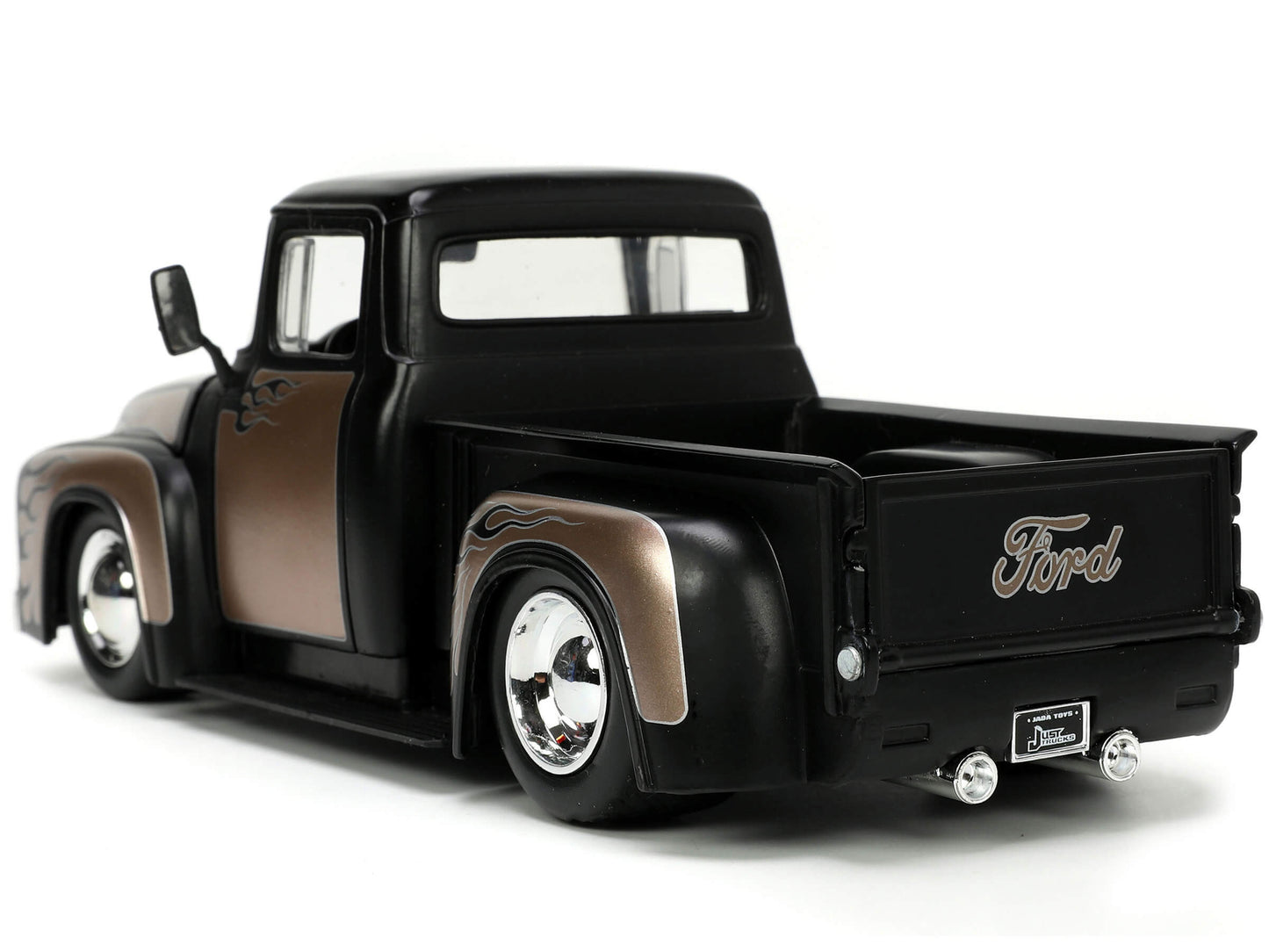 1956 Ford F-100 Pickup Truck Matt Black and Champagne with Flames with Extra Wheels "Just Trucks" Series 1/24 Diecast Model Car by Jada-DiecastModeler.com