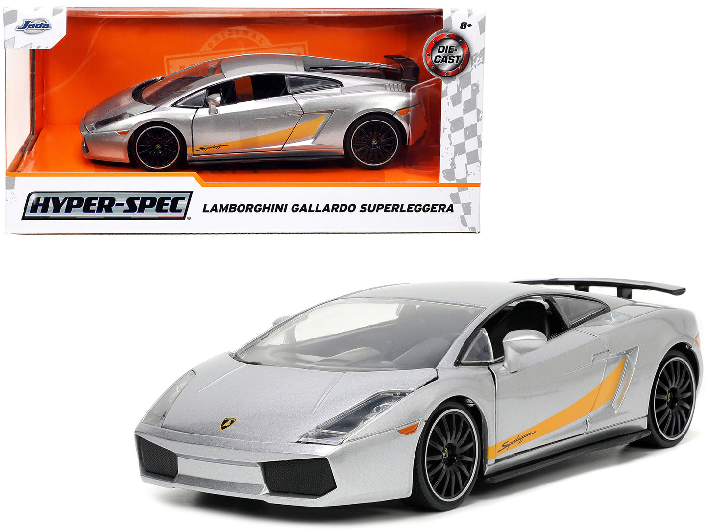 Lamborghini Gallardo Superleggera Silver Metallic with Yellow Stripes "Hyper-Spec" Series 1/24 Diecast Model Car by Jada-DiecastModeler.com