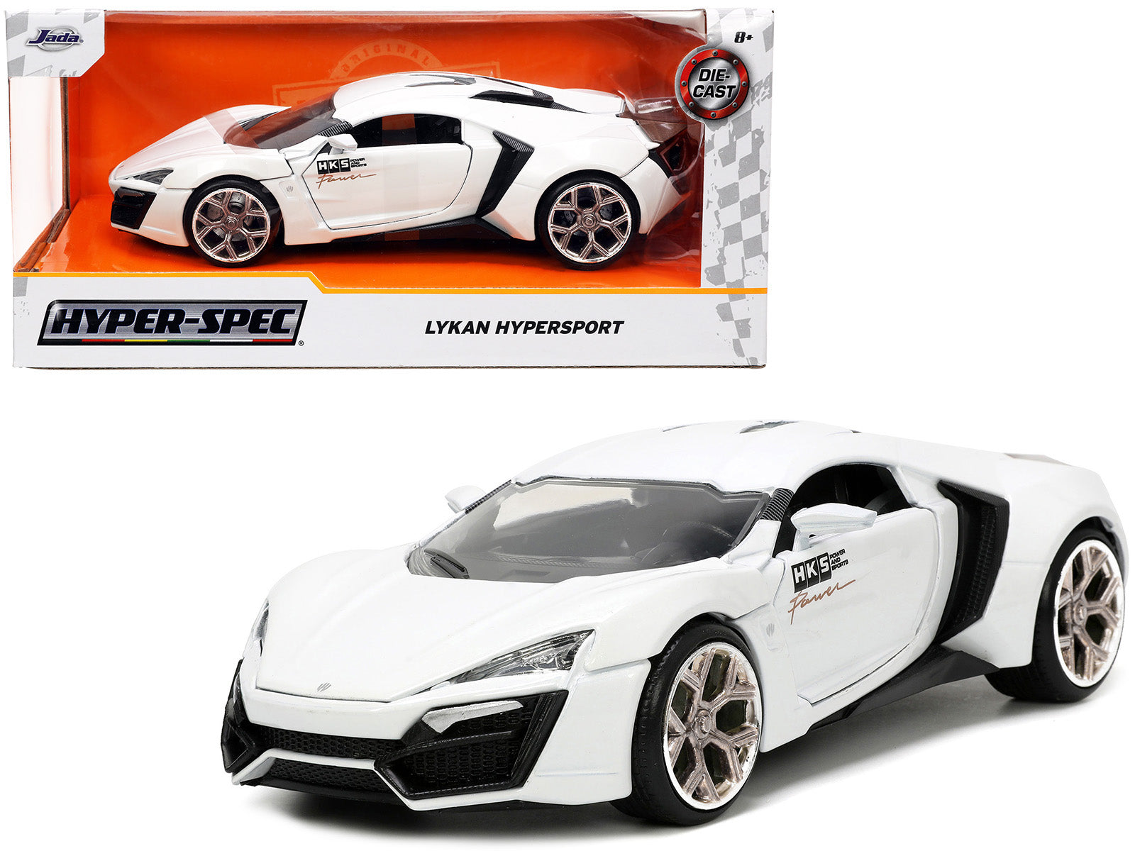Lykan Hypersport White with Bronze Metallic Rear Spoiler "HKS" "Hyper-Spec" Series 1/24 Diecast Model Car by Jada-DiecastModeler.com