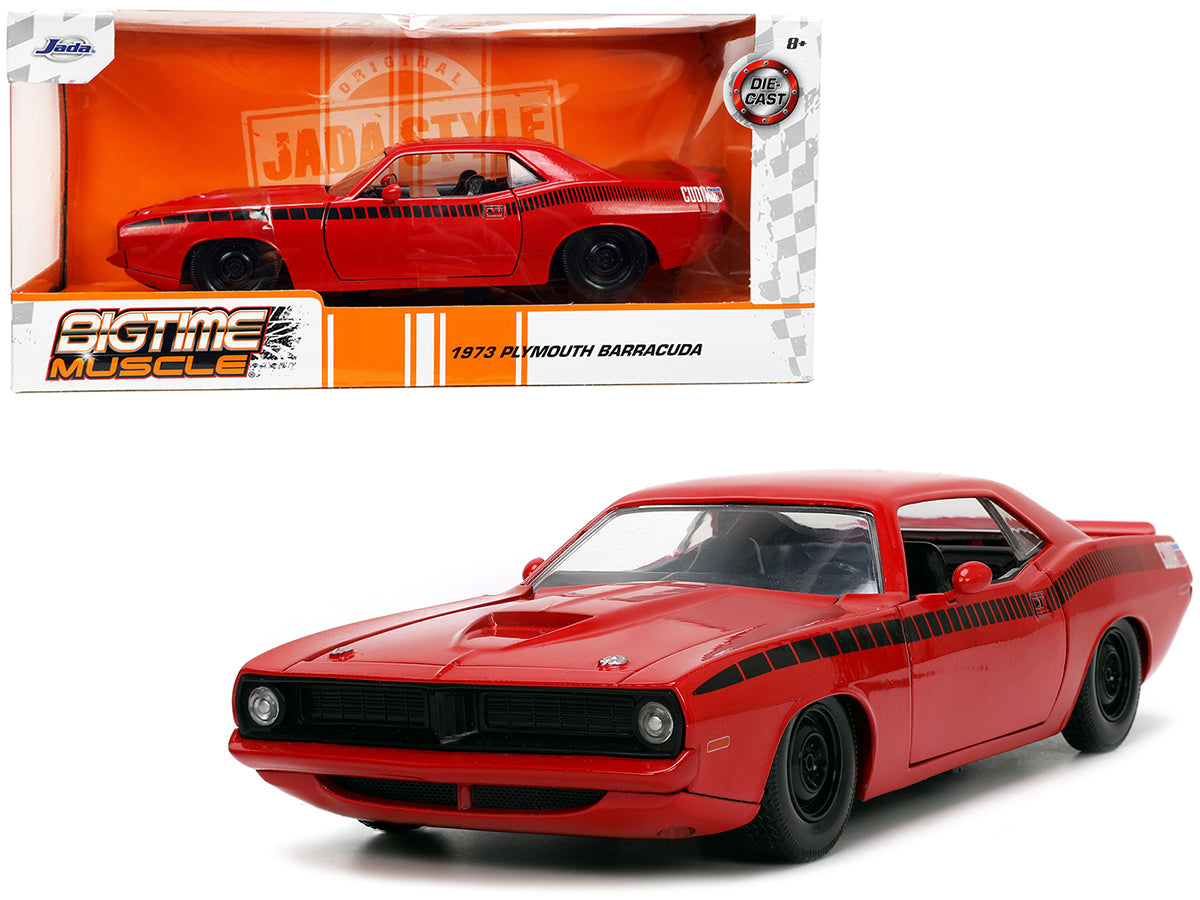 1973 Plymouth Barracuda Red with Black Stripes "Bigtime Muscle" Series 1/24 Diecast Model Car by Jada-DiecastModeler.com