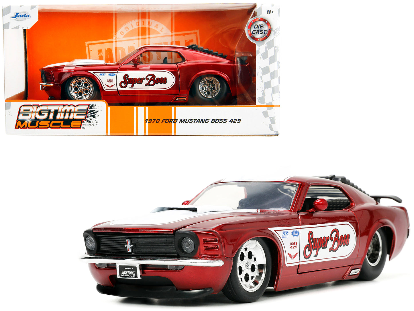 1970 Ford Mustang Boss 429 Candy Red with White Stripes "Super Boss" "Bigtime Muscle" Series 1/24 Diecast Model Car by Jada-DiecastModeler.com