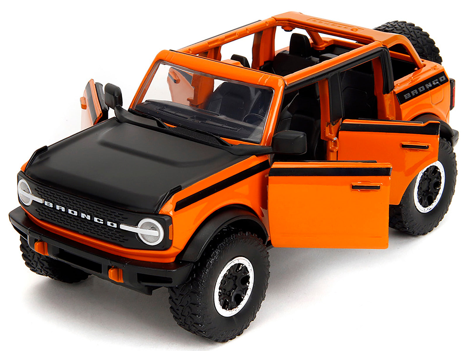 2021 Ford Bronco Open-Top Orange with Black Stripes and Hood with Extra Wheels "Just Trucks" Series 1/24 Diecast Model Car by Jada-DiecastModeler.com