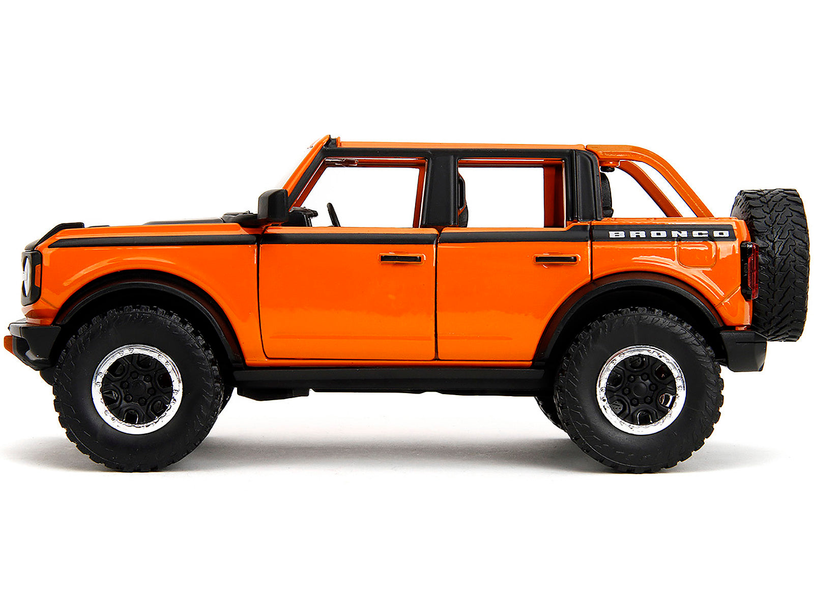 2021 Ford Bronco Open-Top Orange with Black Stripes and Hood with Extra Wheels "Just Trucks" Series 1/24 Diecast Model Car by Jada-DiecastModeler.com