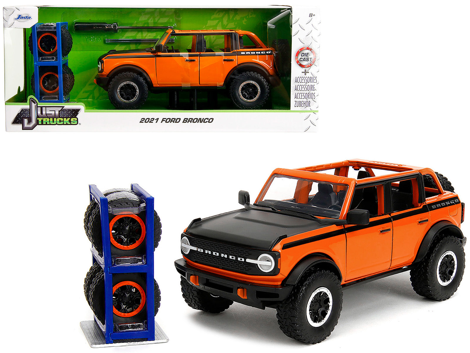 2021 Ford Bronco Open-Top Orange with Black Stripes and Hood with Extra Wheels "Just Trucks" Series 1/24 Diecast Model Car by Jada-DiecastModeler.com