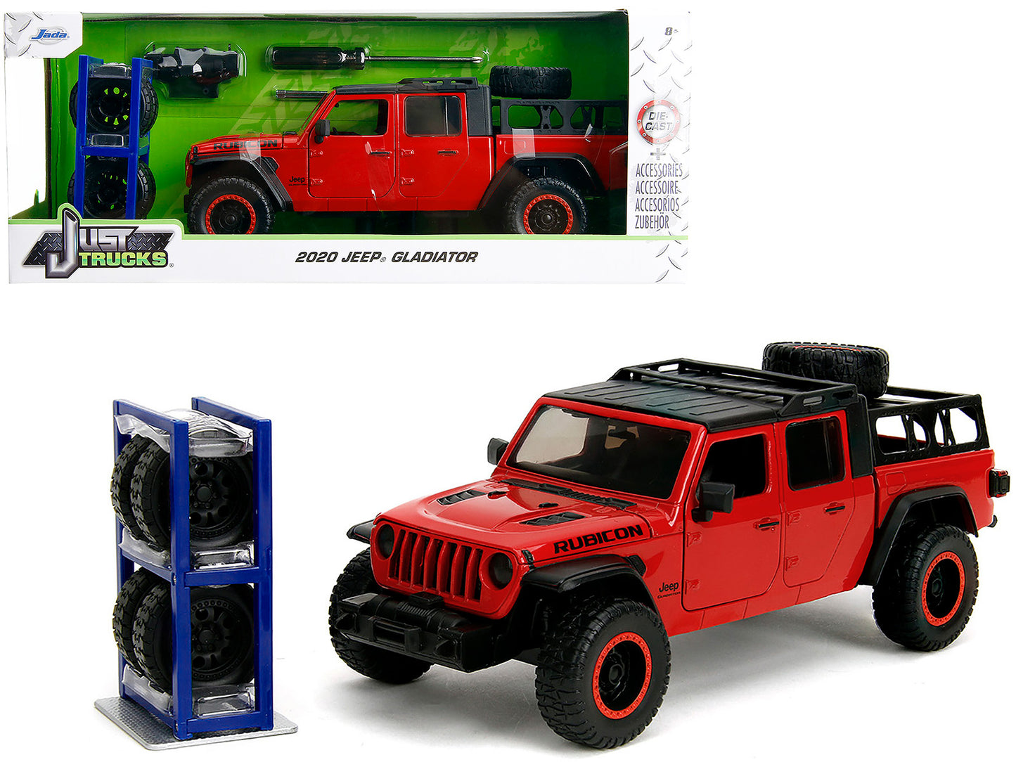 2020 Jeep Gladiator Rubicon Pickup Truck Red with Black Top and Extra Wheels "Just Trucks" Series 1/24 Diecast Model Car by Jada-DiecastModeler.com