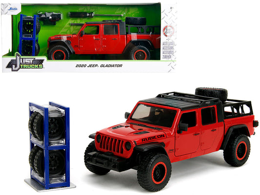 2020 Jeep Gladiator Rubicon Pickup Truck Red with Black Top and Extra Wheels "Just Trucks" Series 1/24 Diecast Model Car by Jada-DiecastModeler.com