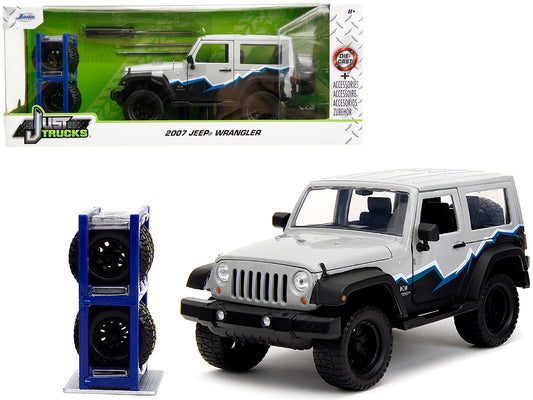 2007 Jeep Wrangler Gray and Black with Blue and White Stripes with Extra Wheels "Just Trucks" Series 1/24 Diecast Model Car by Jada-DiecastModeler.com