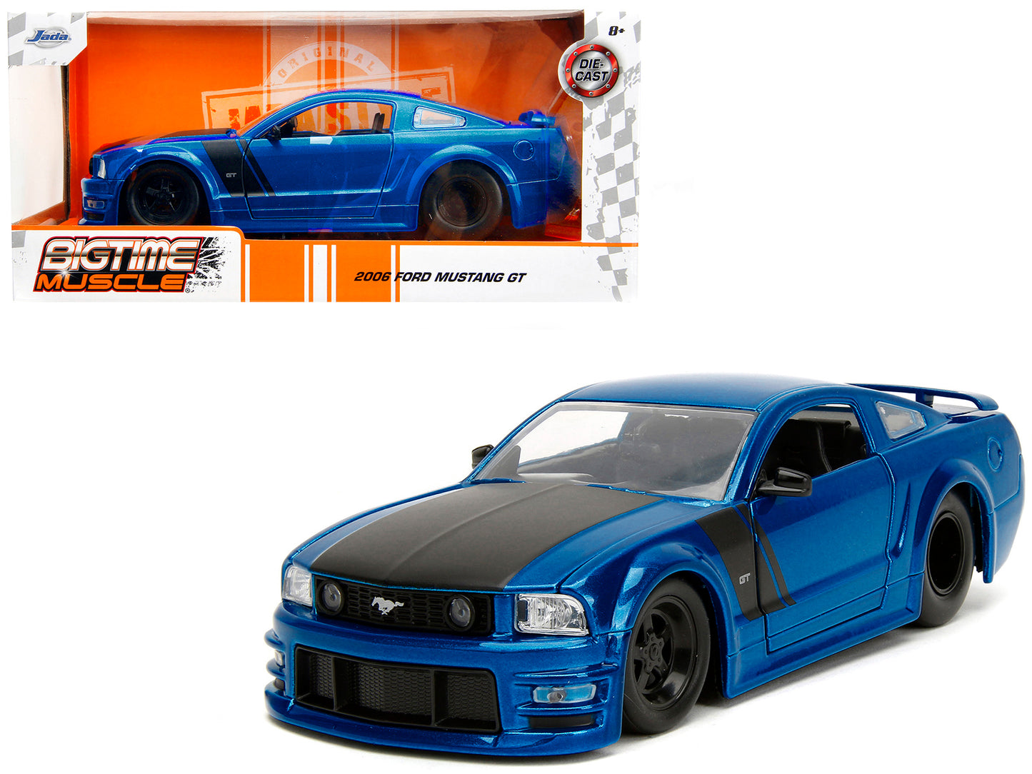 2006 Ford Mustang GT Blue Metallic with Matt Black Hood and Stripes "Bigtime Muscle" Series 1/24 Diecast Model Car by Jada-DiecastModeler.com