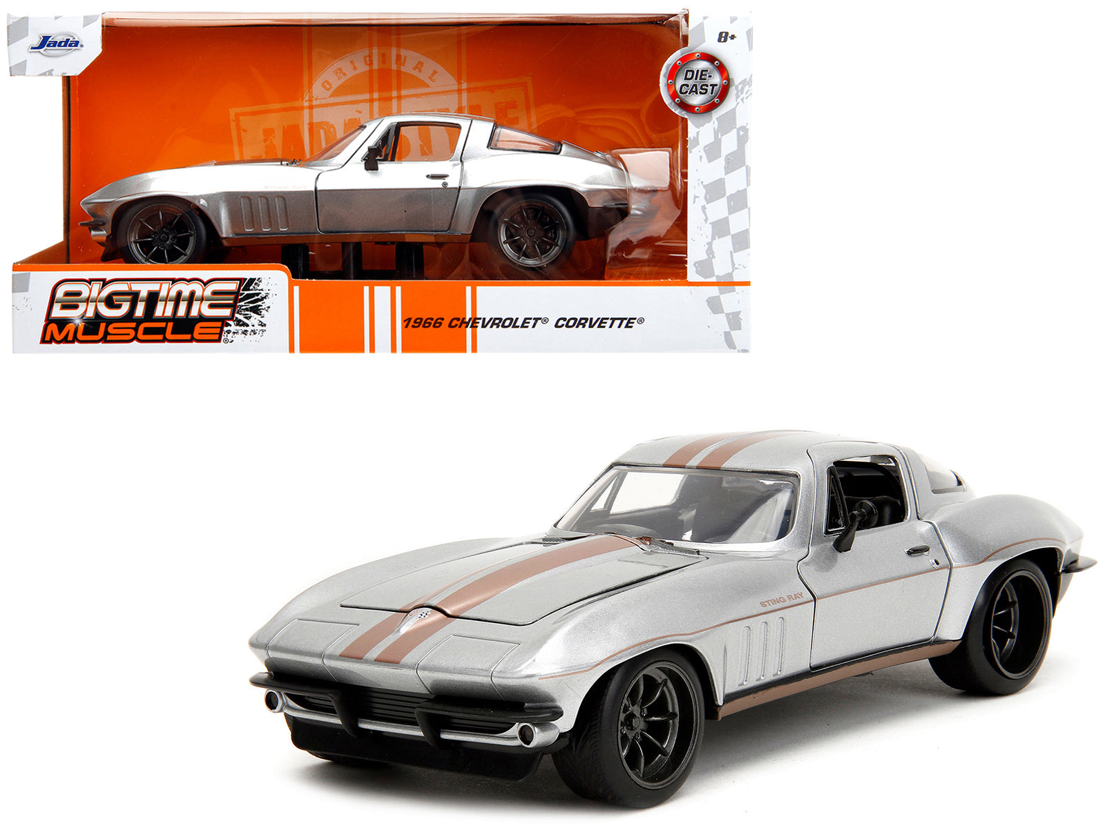 1966 Chevrolet Corvette Silver Metallic with Bronze Stripes "Bigtime Muscle" Series 1/24 Diecast Model Car by Jada-DiecastModeler.com