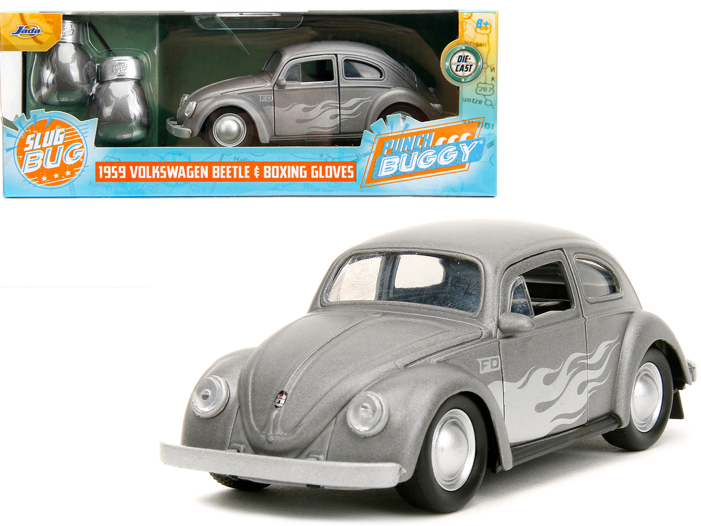 1959 Volkswagen Beetle Gray Metallic with Silver Flames and Boxing Gloves Accessory "Punch Buggy" Series 1/32 Diecast Model Car by Jada-DiecastModeler.com