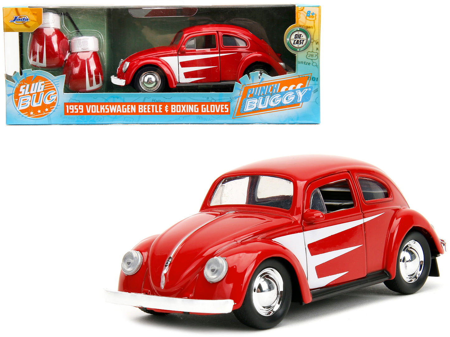 1959 Volkswagen Beetle Red with White Graphics and Boxing Gloves Accessory "Punch Buggy" Series 1/32 Diecast Model Car by Jada-DiecastModeler.com