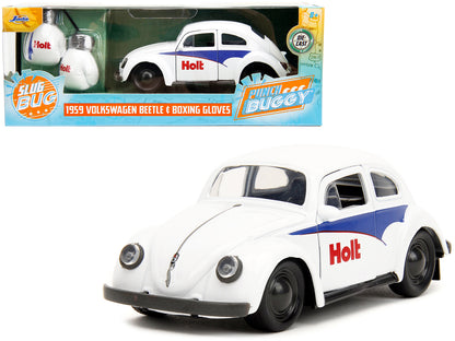 1959 Volkswagen Beetle "Holt" White with Blue Graphics and Boxing Gloves Accessory "Punch Buggy" Series 1/32 Diecast Model Car by Jada-DiecastModeler.com