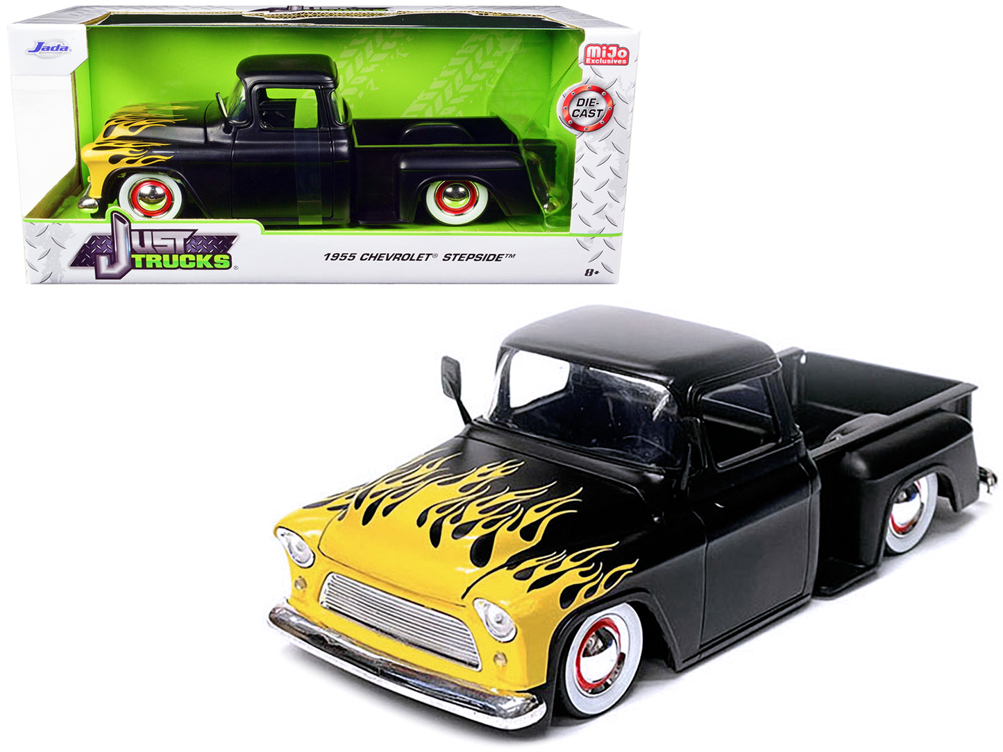 1955 Chevrolet Stepside Pickup Truck Matt Black with Yellow Flames "Just Trucks" Series 1/24 Diecast Model Car by Jada-DiecastModeler.com