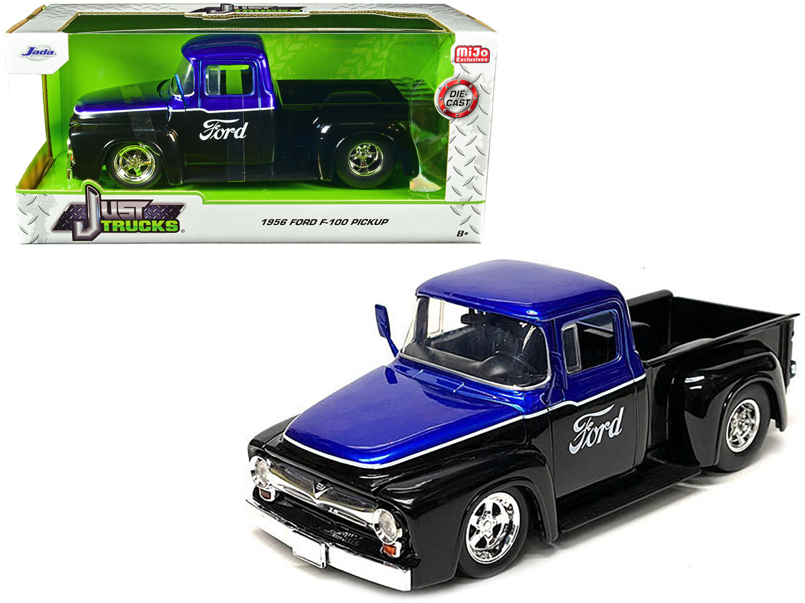 1956 Ford F-100 Pickup Truck Black and Blue Metallic with Ford Graphics "Just Trucks" Series 1/24 Diecast Model Car by Jada-DiecastModeler.com