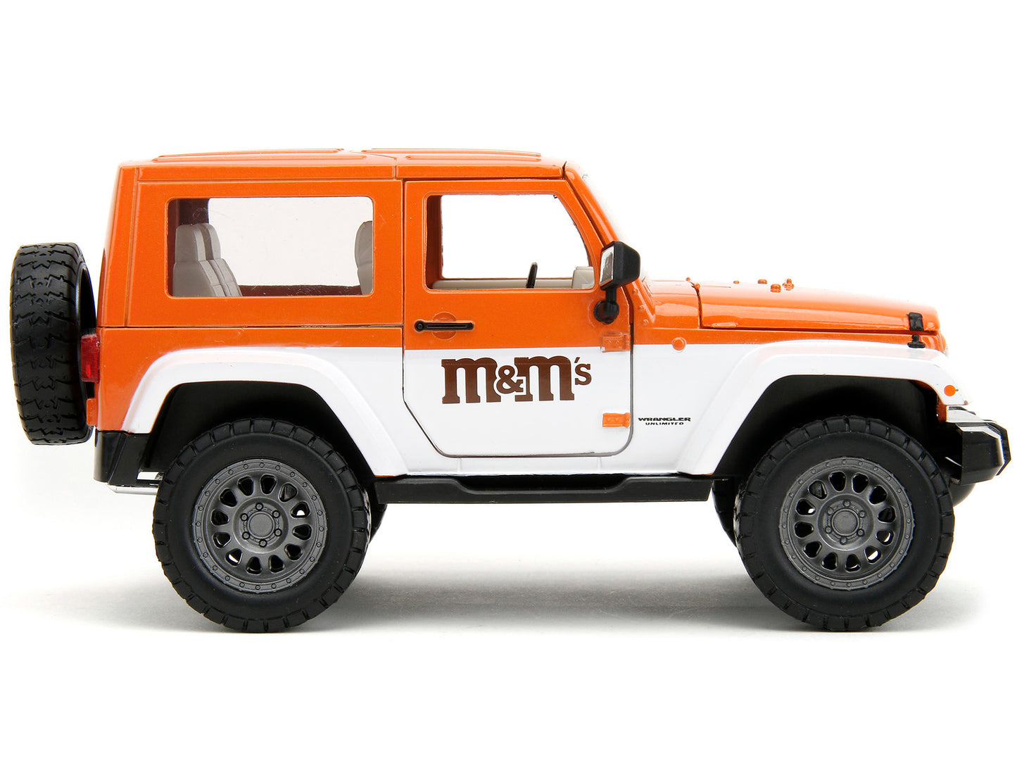 2007 Jeep Wrangler Orange Metallic and White and Orange M&M Diecast Figure "M&M's" "Hollywood Rides" Series 1/24 Diecast Model Car by Jada
