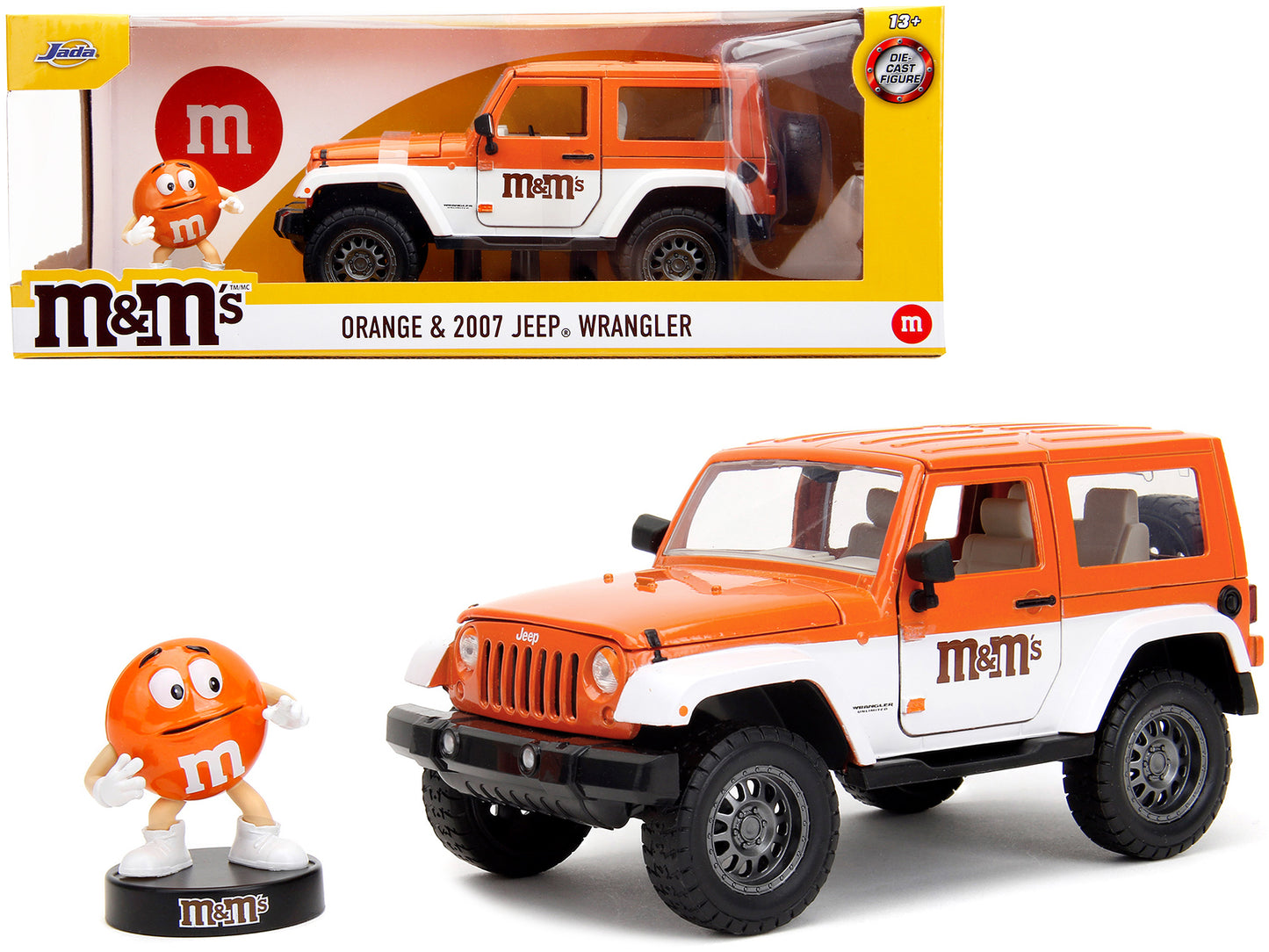 2007 Jeep Wrangler Orange Metallic and White and Orange M&M Diecast Figure "M&M's" "Hollywood Rides" Series 1/24 Diecast Model Car by Jada