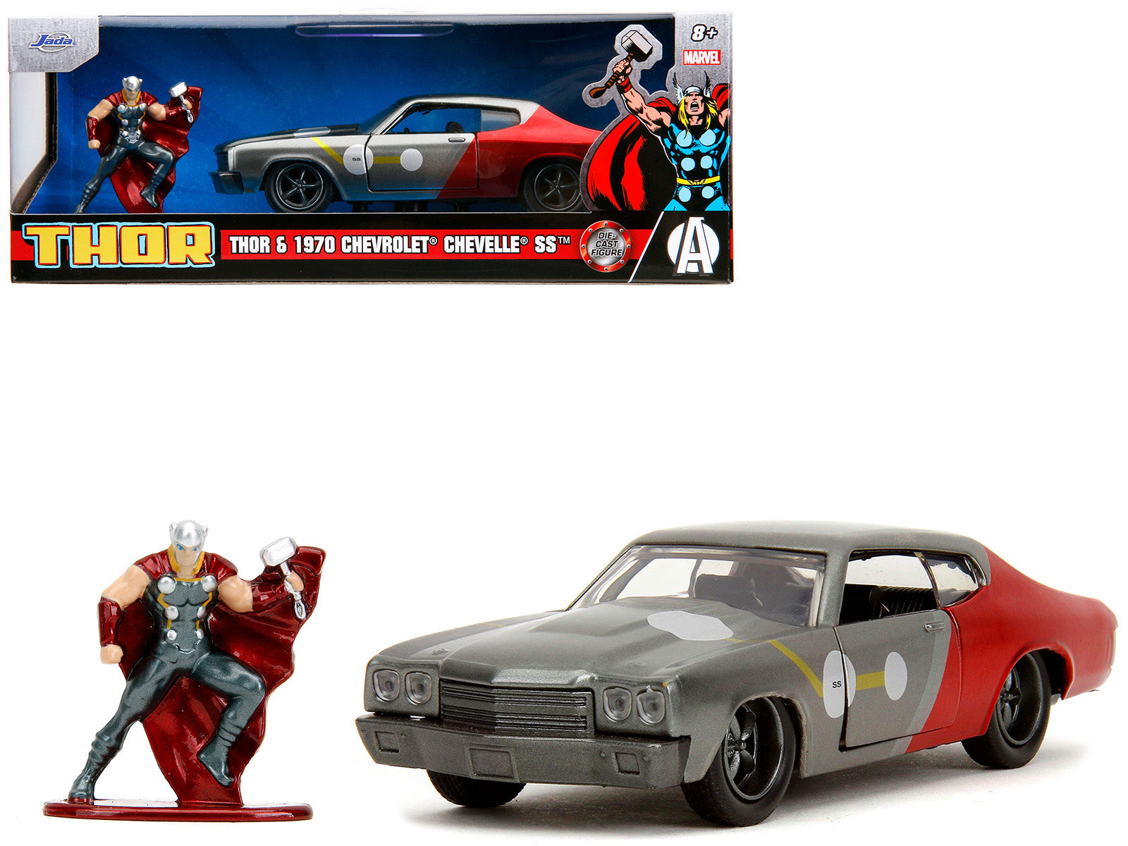 1970 Chevrolet Chevelle SS Gray Metallic and Red Metallic with Black Hood and Thor Diecast Figure "The Avengers" "Hollywood Rides" Series 1/32 Diecast Model Car by Jada-DiecastModeler.com
