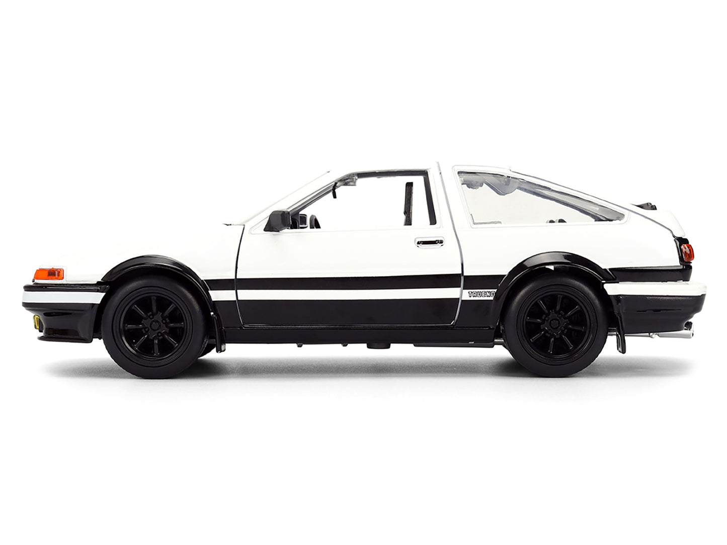 Toyota Trueno (AE86) RHD (Right Hand Drive) White and Black with Graphics and Takumi Diecast Figure "Initial D" (1998-2021) TV Series "Anime Hollywood Rides" Series 1/24 Diecast Model by Jada
