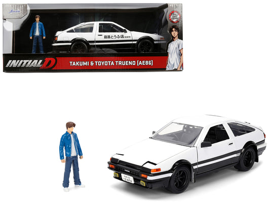 Toyota Trueno (AE86) RHD (Right Hand Drive) White and Black with Graphics and Takumi Diecast Figure "Initial D" (1998-2021) TV Series "Anime Hollywood Rides" Series 1/24 Diecast Model by Jada