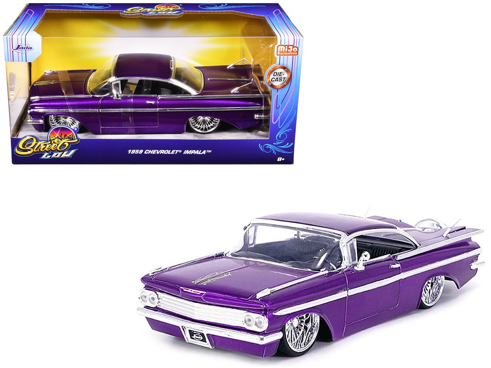 1959 Chevrolet Impala Lowrider Candy Purple with DUB Wire Wheels "Street Low" Series 1/24 Diecast Model Car by Jada-DiecastModeler.com
