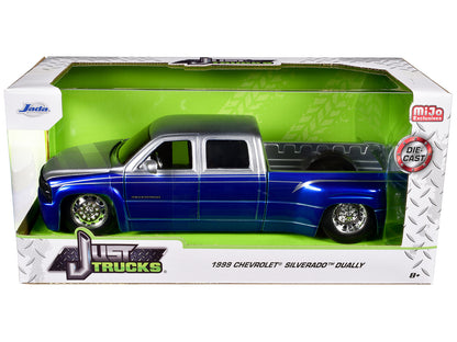 1999 Chevrolet Silverado Dually Pickup Truck Blue Metallic and Silver with Stock Wheels "Just Trucks" Series 1/24 Diecast Model Car by Jada-DiecastModeler.com