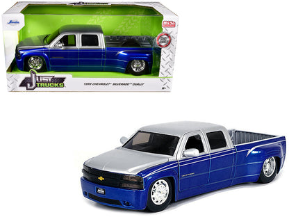 1999 Chevrolet Silverado Dually Pickup Truck Blue Metallic and Silver with Stock Wheels "Just Trucks" Series 1/24 Diecast Model Car by Jada-DiecastModeler.com