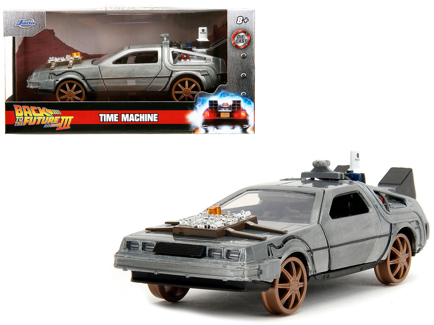DeLorean DMC (Time Machine) Brushed Metal Train Wheel Version "Back to the Future Part III" (1990) Movie "Hollywood Rides" Series 1/32 Diecast Model Car by Jada-DiecastModeler.com