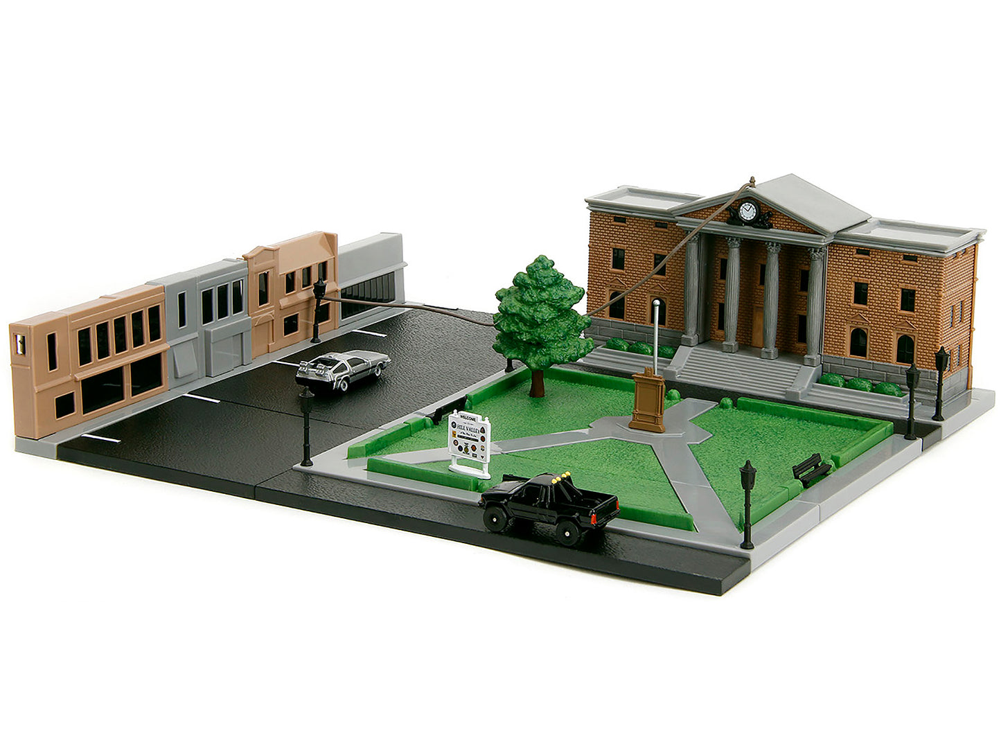 Hill Valley Courthouse Diorama with Black Pickup Truck and Delorean "Back to the Future" (1985) Movie "Nano Scene" Series Model by Jada