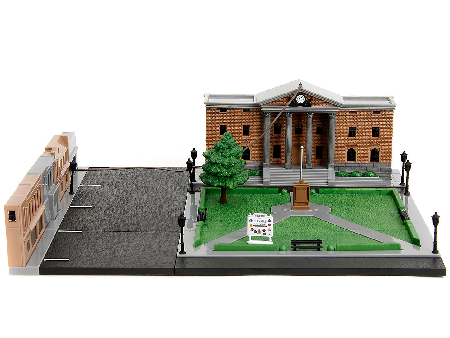 Hill Valley Courthouse Diorama with Black Pickup Truck and Delorean "Back to the Future" (1985) Movie "Nano Scene" Series Model by Jada-DiecastModeler.com