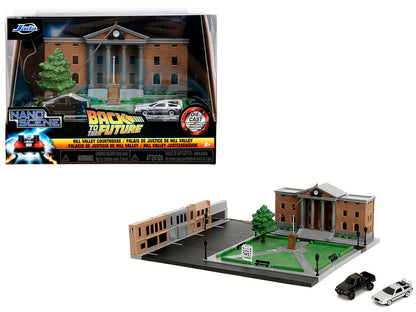 Hill Valley Courthouse Diorama with Black Pickup Truck and Delorean "Back to the Future" (1985) Movie "Nano Scene" Series Model by Jada-DiecastModeler.com