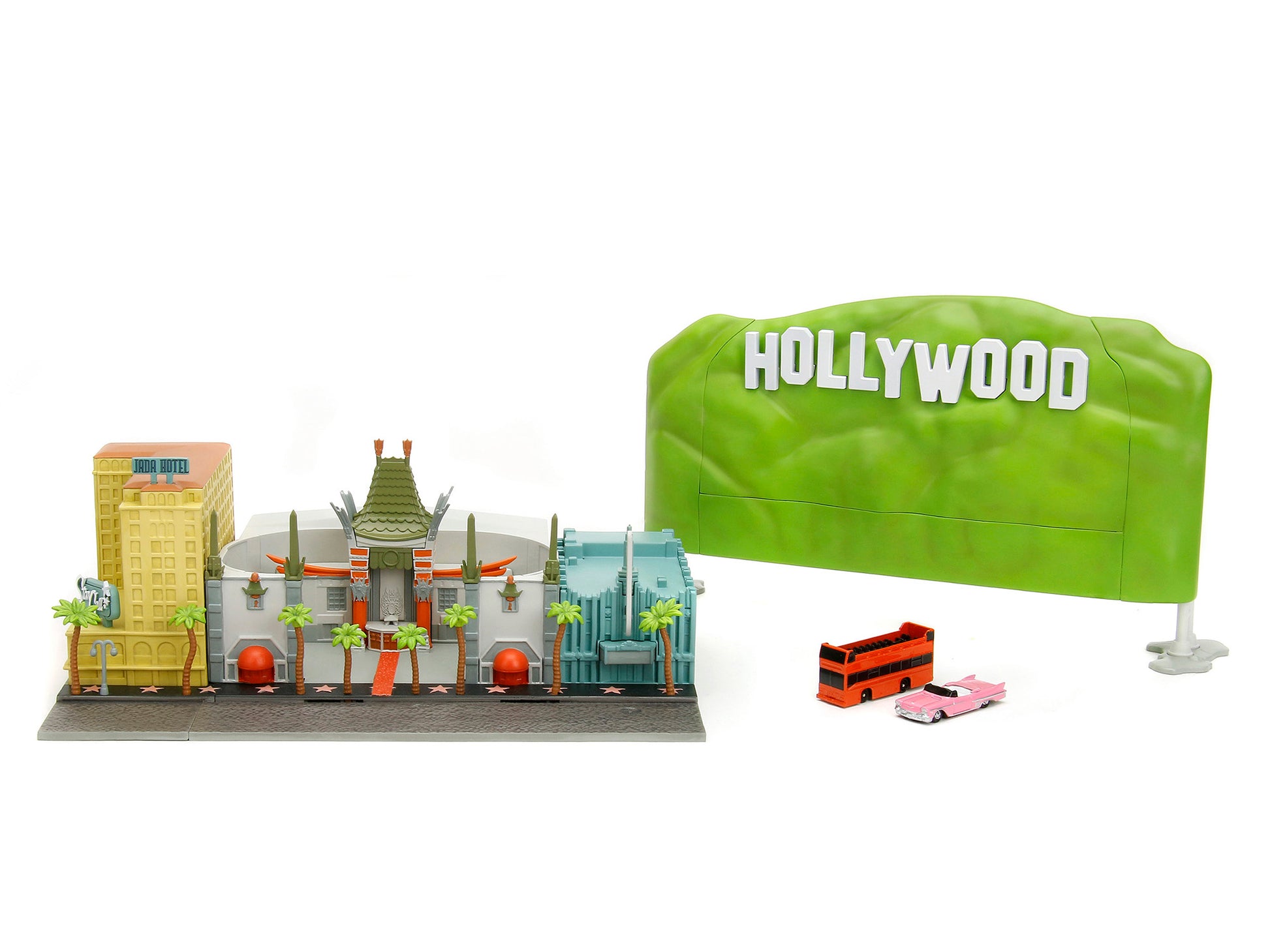 "Hollywood 100" Walk of Fame Diorama with Pink Convertible and Double-Decker Bus "Nano Scene" Series model by Jada-DiecastModeler.com