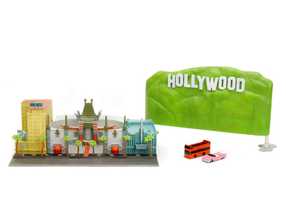 "Hollywood 100" Walk of Fame Diorama with Pink Convertible and Double-Decker Bus "Nano Scene" Series model by Jada-DiecastModeler.com