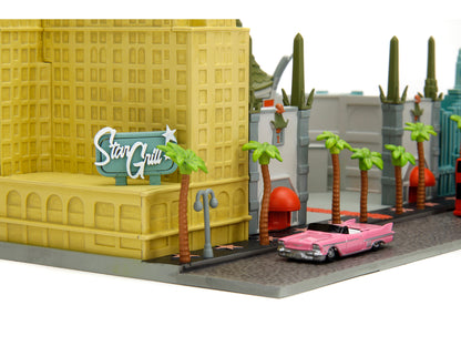 "Hollywood 100" Walk of Fame Diorama with Pink Convertible and Double-Decker Bus "Nano Scene" Series model by Jada-DiecastModeler.com