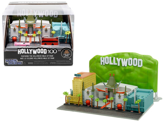 "Hollywood 100" Walk of Fame Diorama with Pink Convertible and Double-Decker Bus "Nano Scene" Series model by Jada-DiecastModeler.com