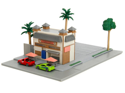 Toretto Cafe Diorama with Mitsubishi Eclipse Green and Ford F-150 SVT Lightning Red "Fast and Furious" "Nano Scene" Series Model by Jada-DiecastModeler.com