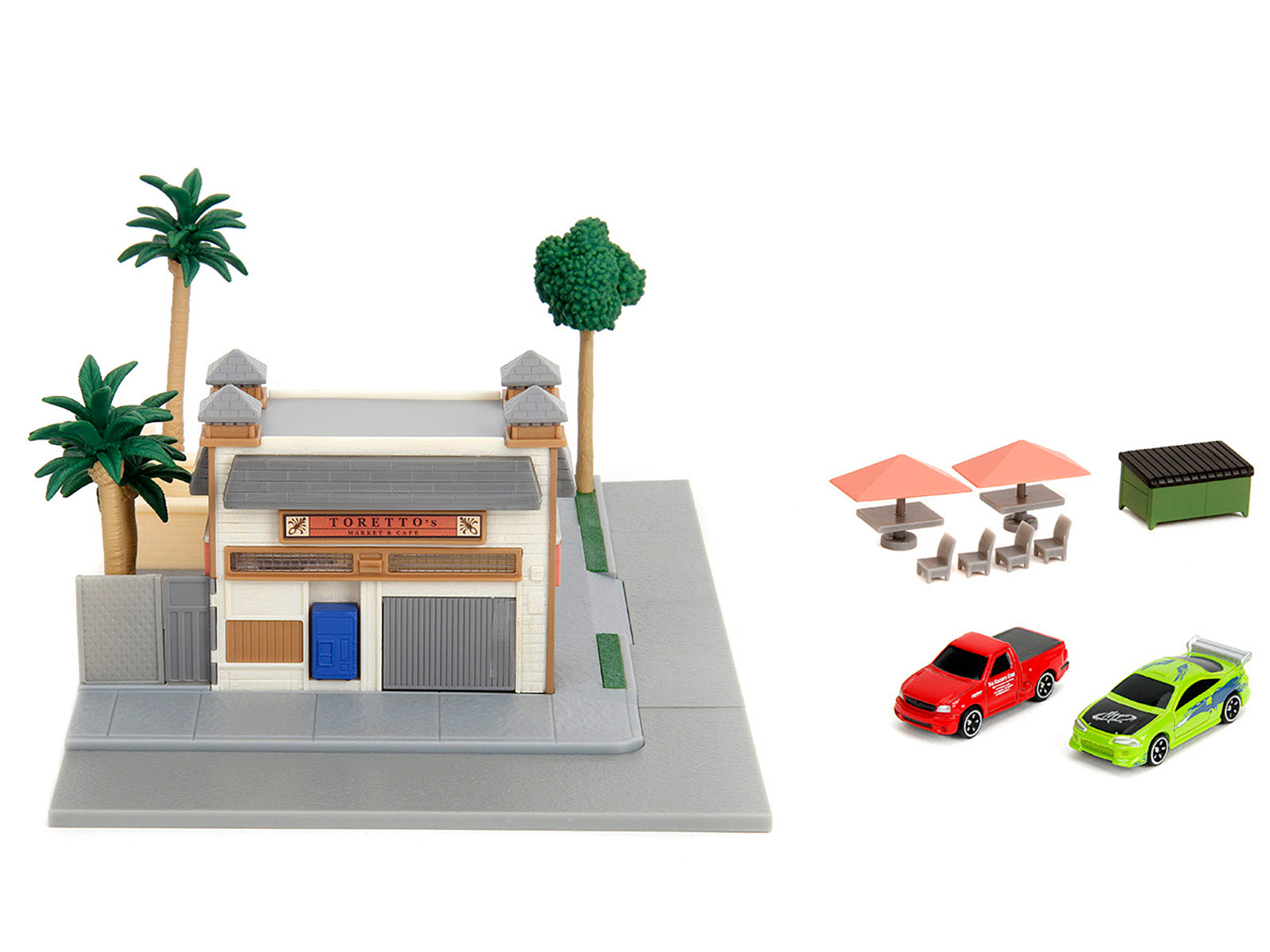 Toretto Cafe Diorama with Mitsubishi Eclipse Green and Ford F-150 SVT Lightning Red "Fast and Furious" "Nano Scene" Series Model by Jada-DiecastModeler.com