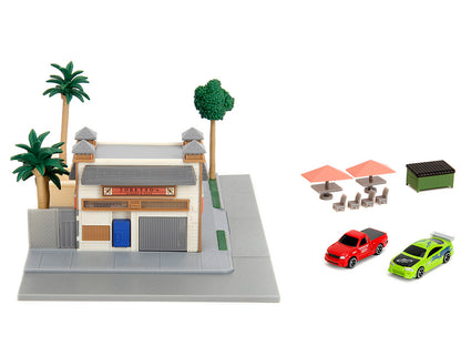 Toretto Cafe Diorama with Mitsubishi Eclipse Green and Ford F-150 SVT Lightning Red "Fast and Furious" "Nano Scene" Series Model by Jada-DiecastModeler.com
