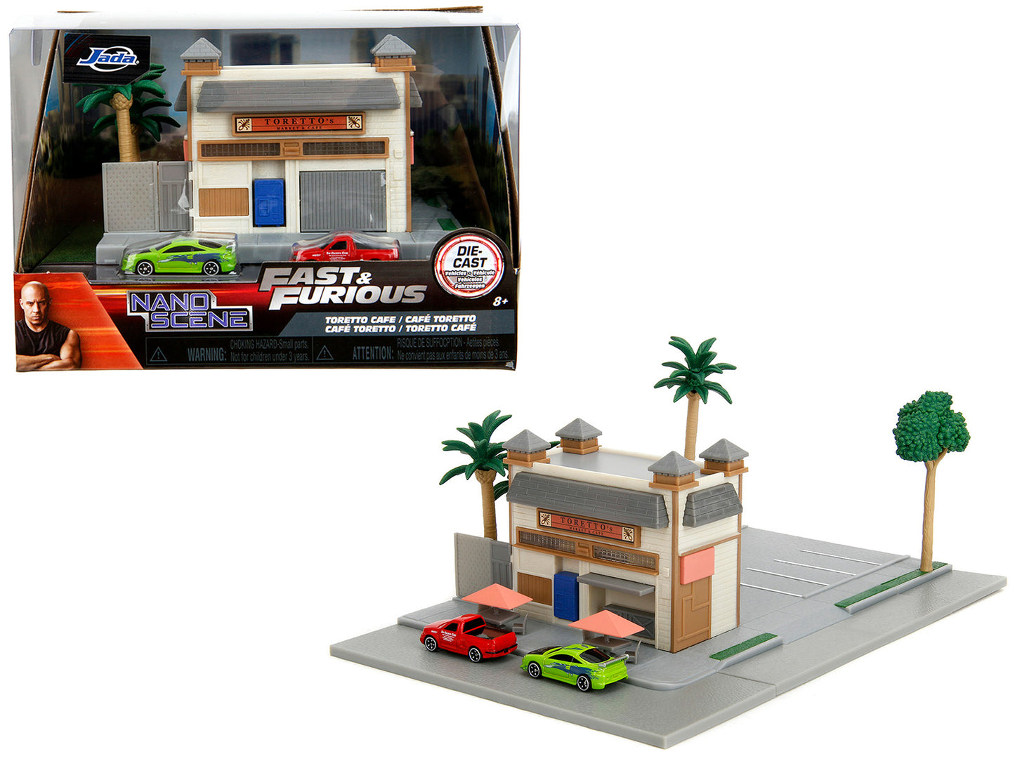 Toretto Cafe Diorama with Mitsubishi Eclipse Green and Ford F-150 SVT Lightning Red "Fast and Furious" "Nano Scene" Series Model by Jada-DiecastModeler.com