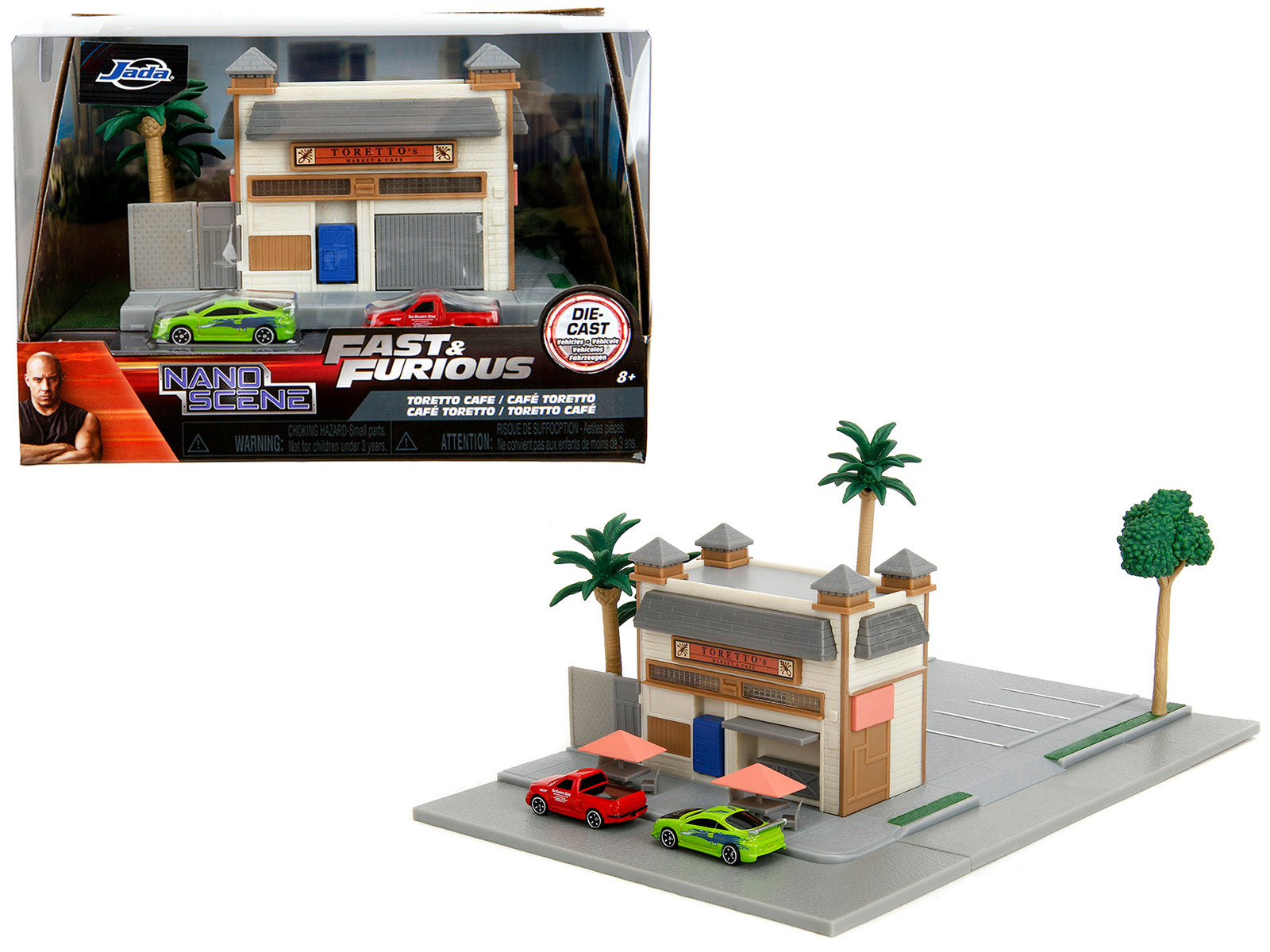 Toretto Cafe Diorama with Mitsubishi Eclipse Green and Ford F-150 SVT Lightning Red "Fast and Furious" "Nano Scene" Series Model by Jada-DiecastModeler.com
