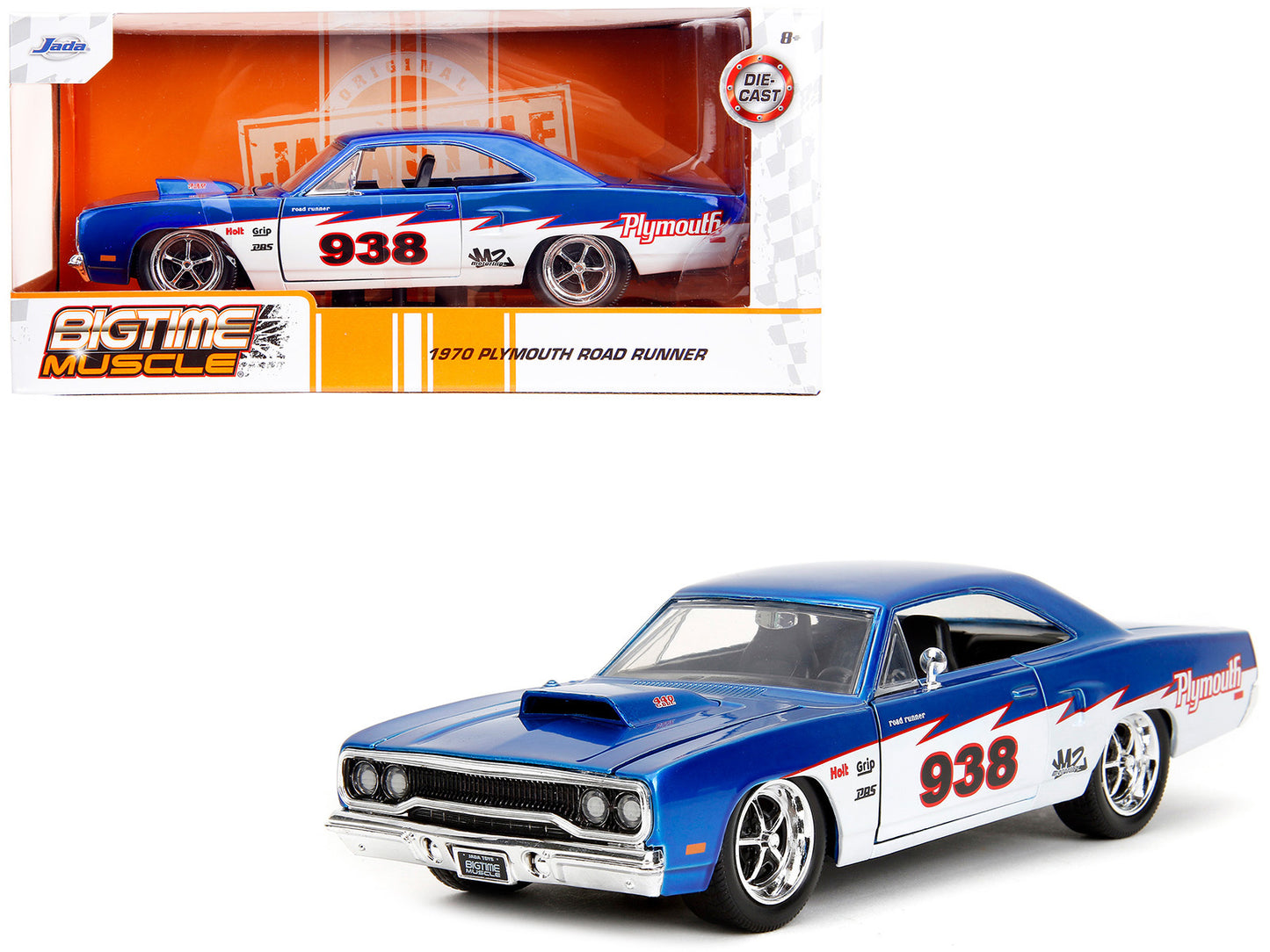1970 Plymouth Road Runner #938 Candy Blue and White "Bigtime Muscle" Series 1/24 Diecast Model Car by Jada-DiecastModeler.com