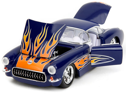 1957 Chevrolet Corvette Dark Blue with Flame Graphics and White Interior "Bigtime Muscle" Series 1/24 Diecast Model Car by Jada-DiecastModeler.com