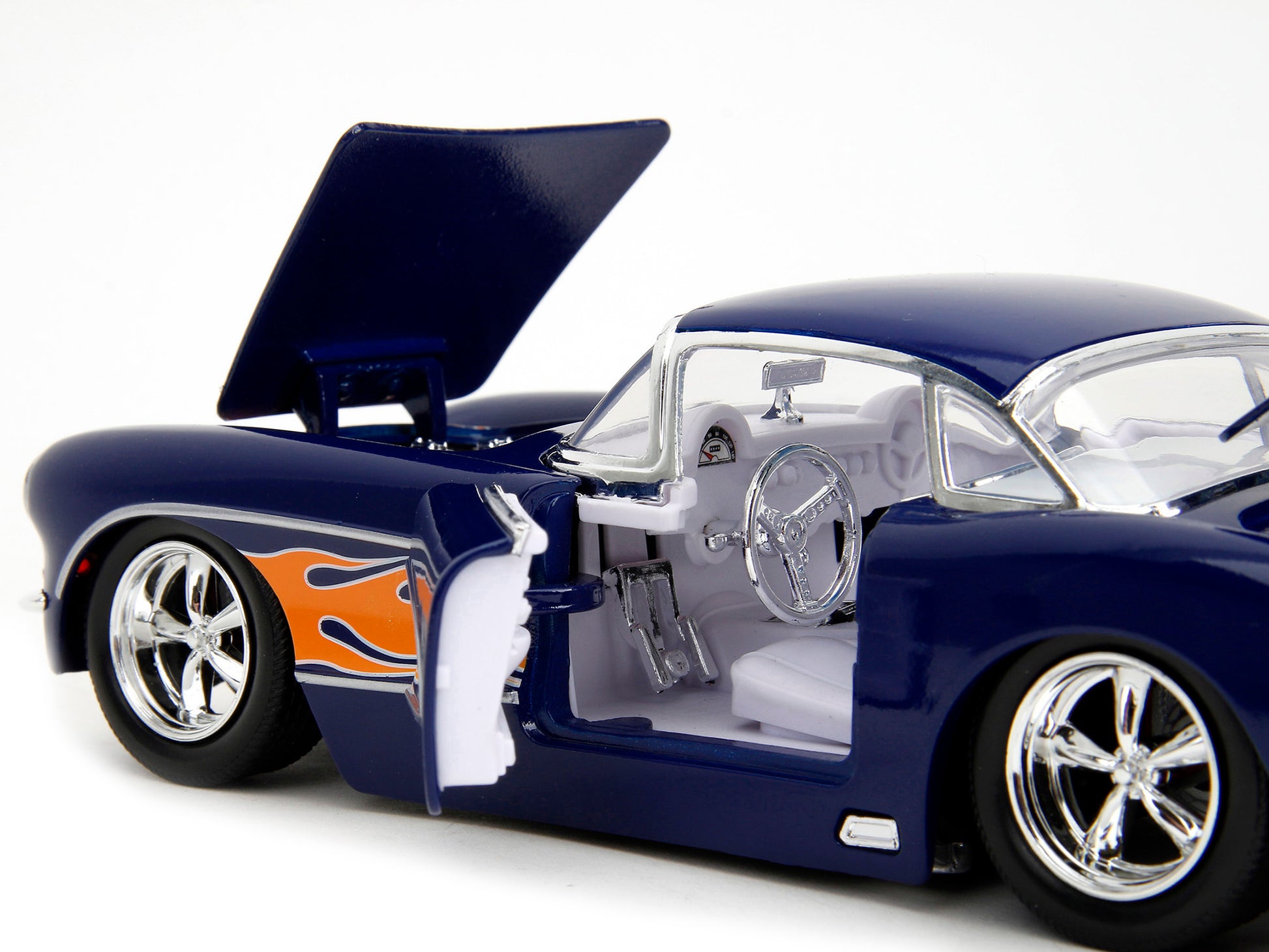 1957 Chevrolet Corvette Dark Blue with Flame Graphics and White Interior "Bigtime Muscle" Series 1/24 Diecast Model Car by Jada-DiecastModeler.com